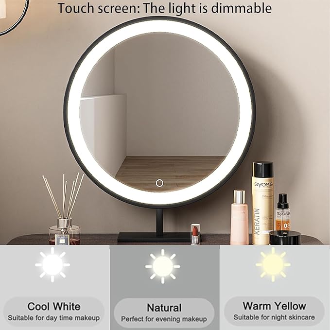 Lartis Makeup Vanity, Makeup Vanity with LED Makeup Mirror, Three Adjustable Light Levels, Tempered Teal Glass countertop