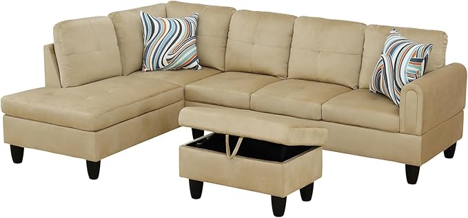 L-Shape 3-Piece Cloud Sofa, Couch for Living Room, Beige Flannel Fabric L-Shape with Reversible Chaise & Storage Ottoman, Ergonomic 110–115° Recline, Solid-Wood Frame