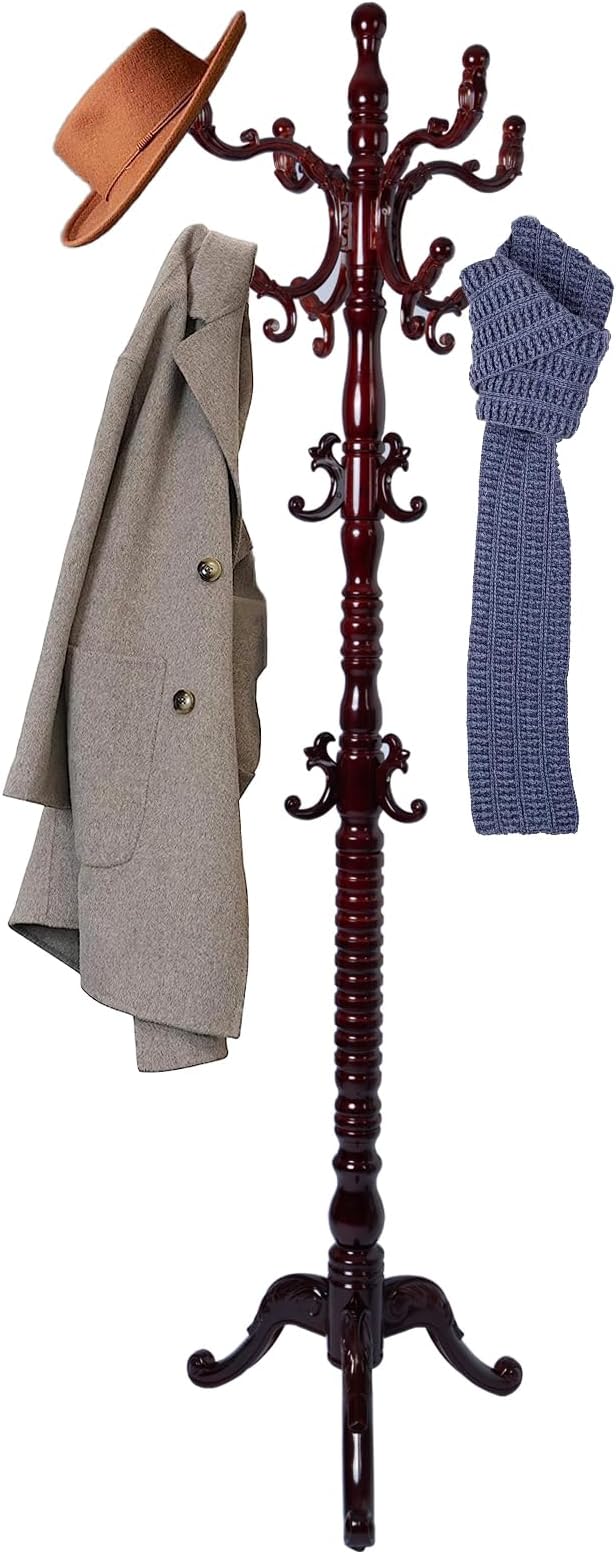 73 in Wood Coat Rack, Coat Rack Freestanding with Stable Round Base, Adjustable Height Tree Coat Racks Stand for Home Bedroom Office Hallway Entryway (Triangle Redwood)