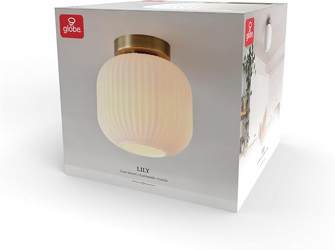 GLOBE Electric 66000079 1-Light Flush Mount Ceiling Fixture, Matte Brass, Frosted Ribbed Glass Shade, Kitchen Island Lighting, Dining Room Fixture, Modern Home Decor for Living Room