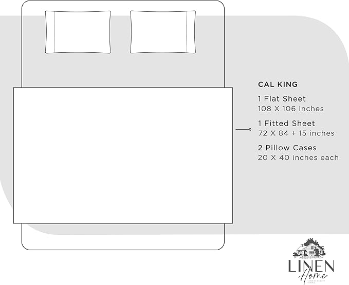 Linen Home 100% Cotton Percale Sheets California King Size, Dove Grey, Deep Pocket, 4 Pieces Set - 1 Flat, 1 Deep Pocket Fitted Sheet and 2 Pillowcases, Crisp Cool and Strong Bed Linen