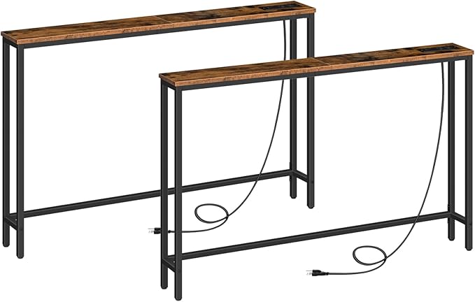 HOOBRO 2 Pack 5.9" Narrow Console Sofa Table with Power Outlets, 47.2" Long Behind Couch Table with Charging Station, Skinny Sofa Table for Living Room, Foyer, Rustic Brown BF15XGP201G1