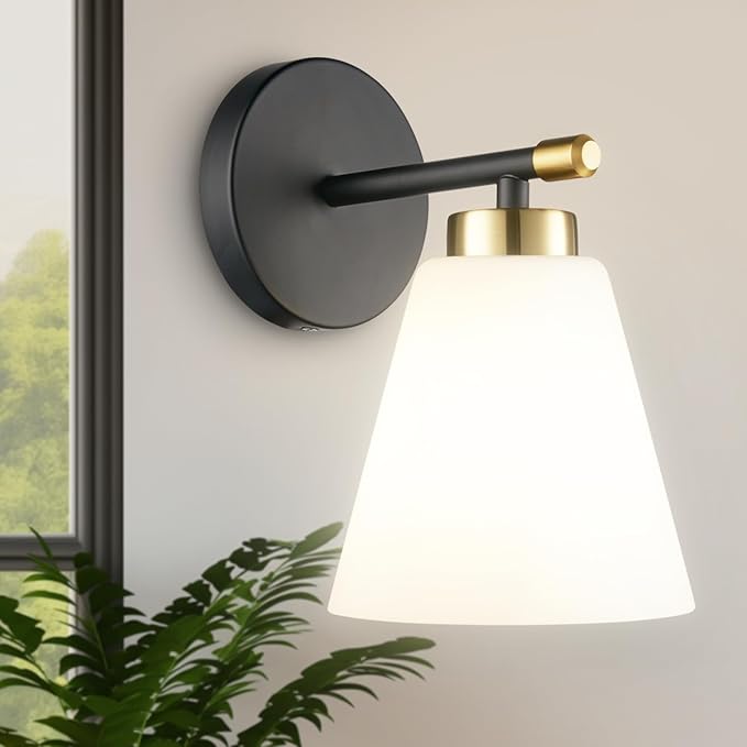 Hamilyeah Black and Gold Wall Sconces Set of 2, Modern Industrial Bathroom Sconces Wall Lighting with Milk Glass Shade, Wall Sconce Lighting Fixture for Living Room, Kitchen, Fireplace, Hallway