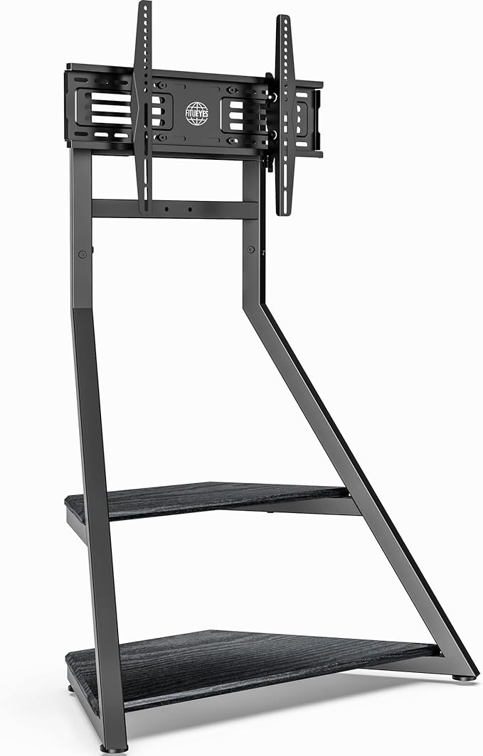 FITUEYES Design Corner TV Stand with Wheels for 43 55 65 70 75 Inch TV, Black TV Cart Floor Stand, Modern TV Stand with Wooden Storage Shelves, Eiffel Series