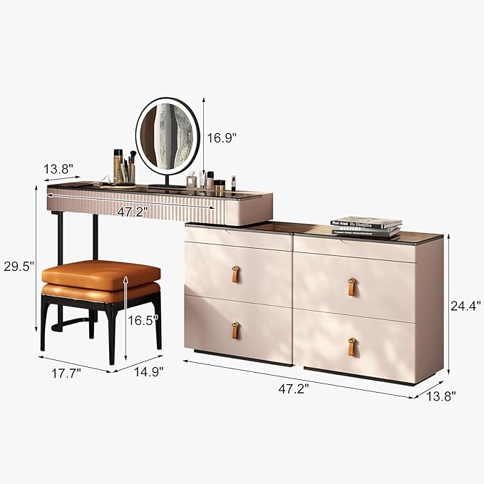 Lartis Makeup Vanity with Stool, Very Easy to Assemble,Retractable TV Cabinet Combination, Dressing Table Desk in one, Super Storage