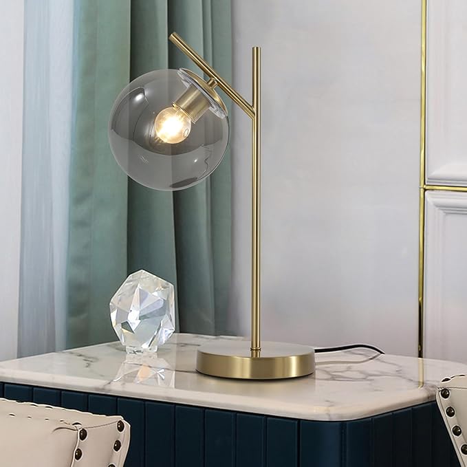 Mid Century Desk Lamp Glass Globe Table Lamp with Gray Glass lampshade Gold Modern Bedside Lamps for Bedroom Living Room Study Room