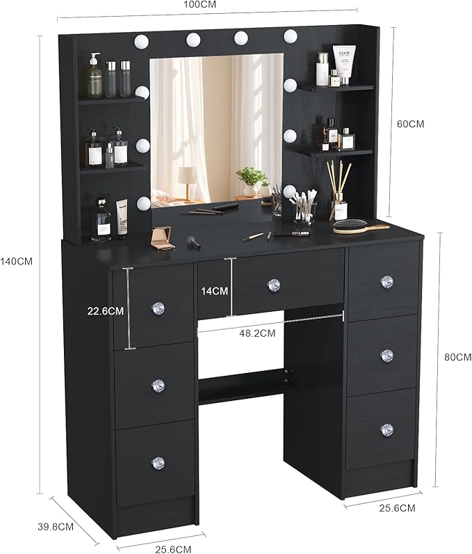 Makeup Vanity Desk with Mirror, Vanity Desk Set with Lights 3 Colors, 7 Drawers & 2 Storage Shelves, Large Vanity Table for Girls Bedroom, Black