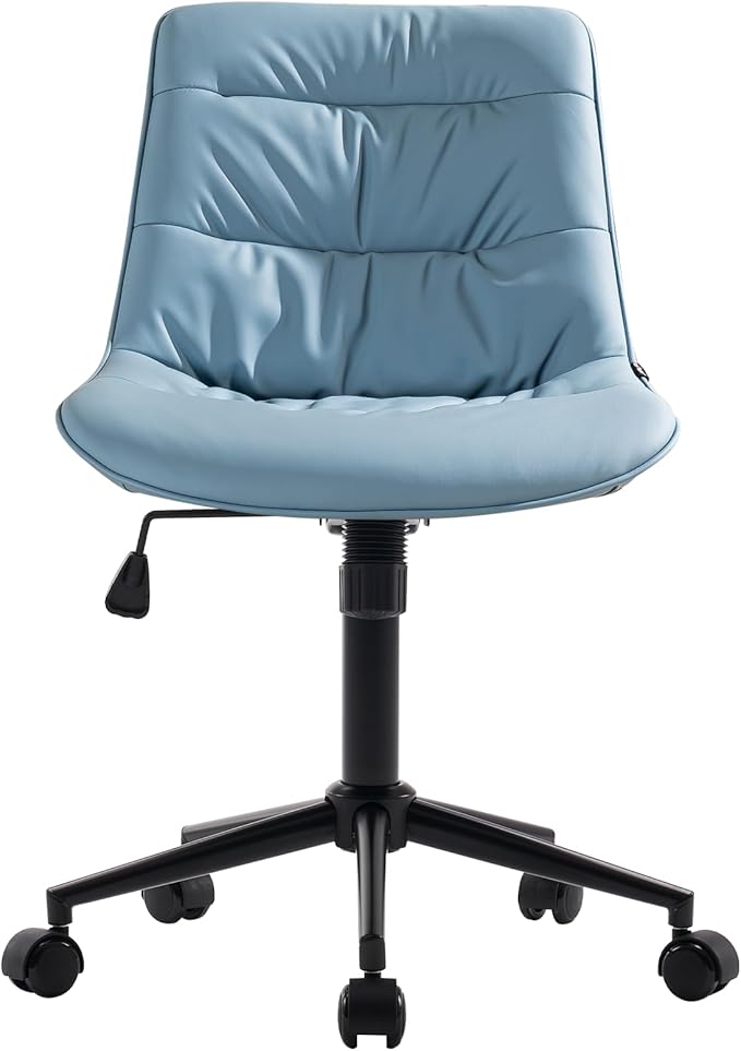 Kidol & Shellder Faux Leather Office Chair, Adjustable Swivel Height Task Chair, Rolling Wheels & Soft Backrest - Armless Ergonomic Desk Chair for Home, Office,Vanity,Gaming(Blue)