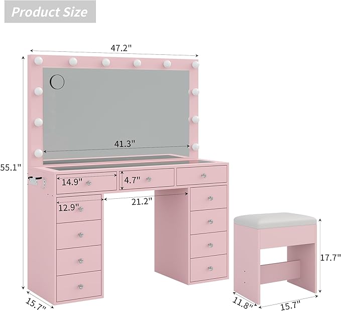 11 Drawers Vanity Desk, Makeup Vanity with Power Outlet, Glass Top, Vanity with Mirror and Light, 3 Color Option, Brightness Adjustable, Dressing Table for Bedroom