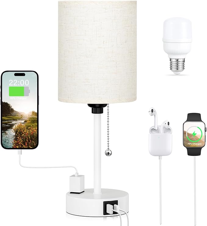 Small Bedside Lamp for Bedroom Nightstand - 2700K 3500K 5000K Bedside Lamps with USB C and A Ports, Pull Chain Table Lamps with AC Outlet, Nightstand Lamps with White Metal Base for Kids Reading