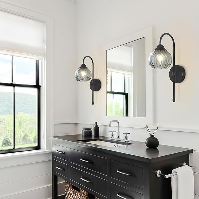 KCO Lighting Modern Glass Globe Wall Sconce Smoke Gray Glass Vanity Light Long Black Wall Sconces Set of Two Industrial Mid Century Wall Sconce Bedroom Wall Lamps Hardwired