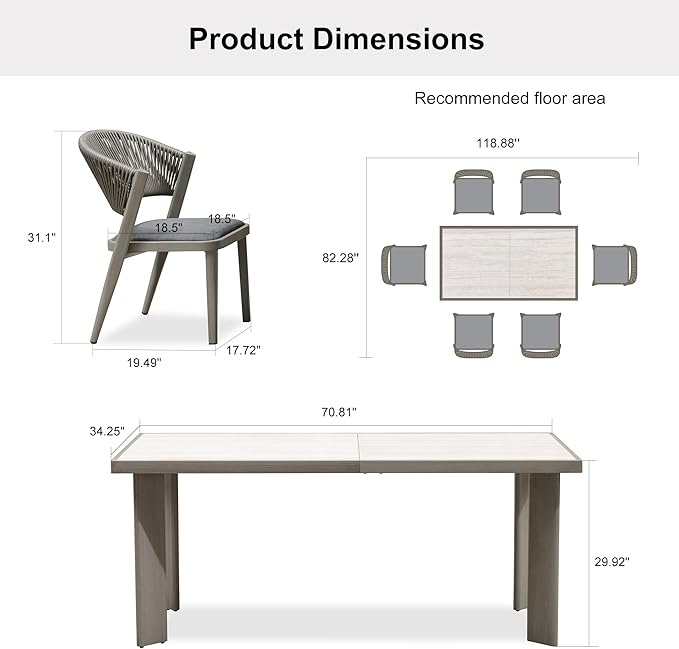 PURPLE LEAF 7-Piece Patio Dining Set Outdoor Furniture Rectangular Table and Chairs Set with Aluminum Frame and Wicker Rattan for Garden Deck Backyard Kitchen Gray Outdoor Set