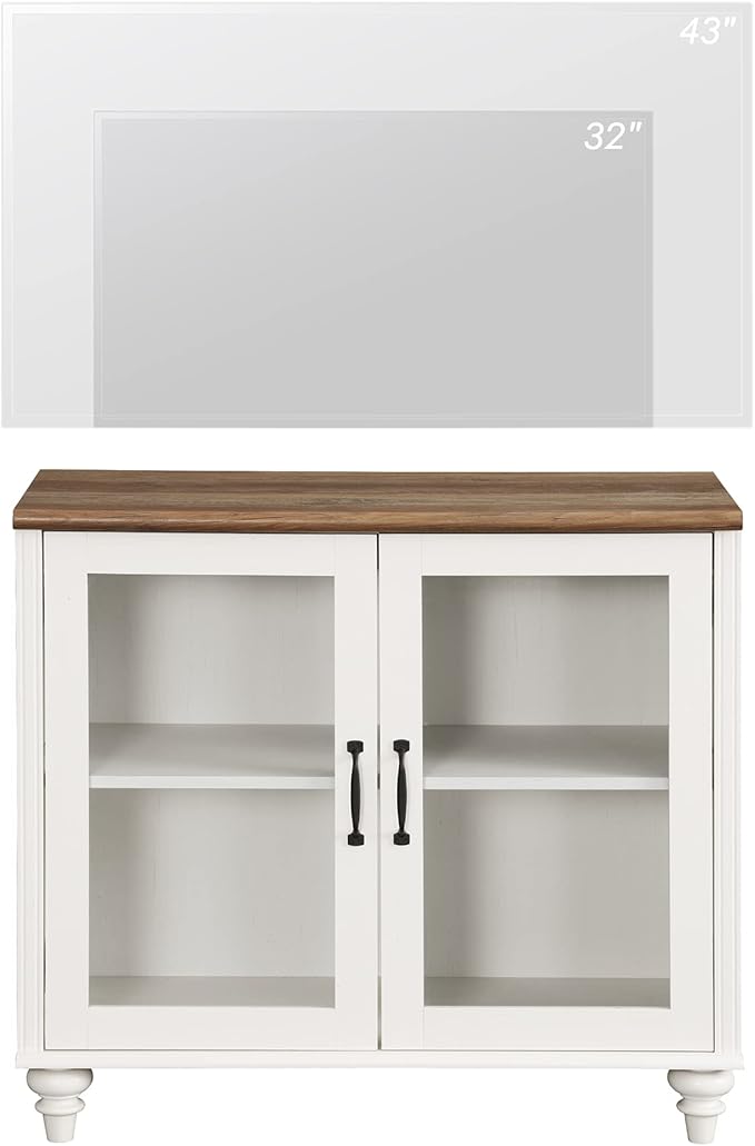 Wampat TV Stand for 43 Inch TV with LED Light, Wood Console Table for Living Room, Buffet Cabinet with Glass Door for Dining Room, Off White