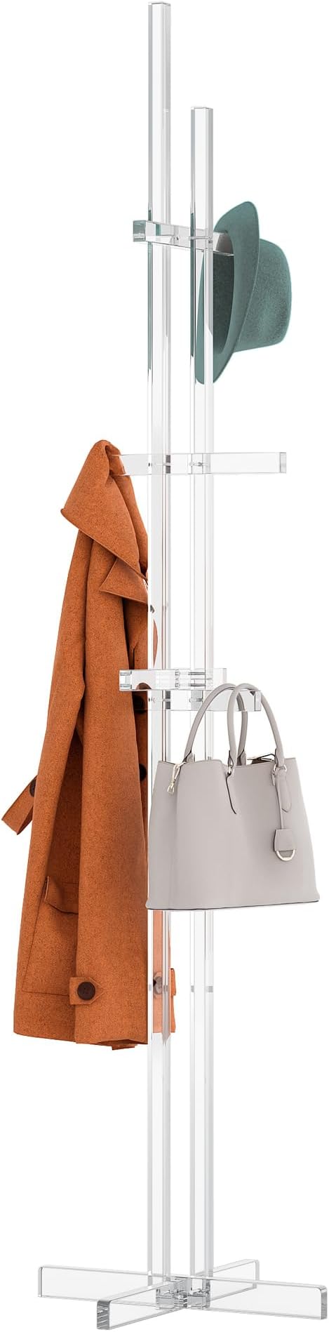 Modern Coat Rack, Freestanding Acrylic Coat Racks with 10 Hooks for Hats, Clothes,Coats, Scarves, Handbags in Bedroom, Hallway, Entrance, Office and Living Room, Easily Assemble, 72.83"H, Clear
