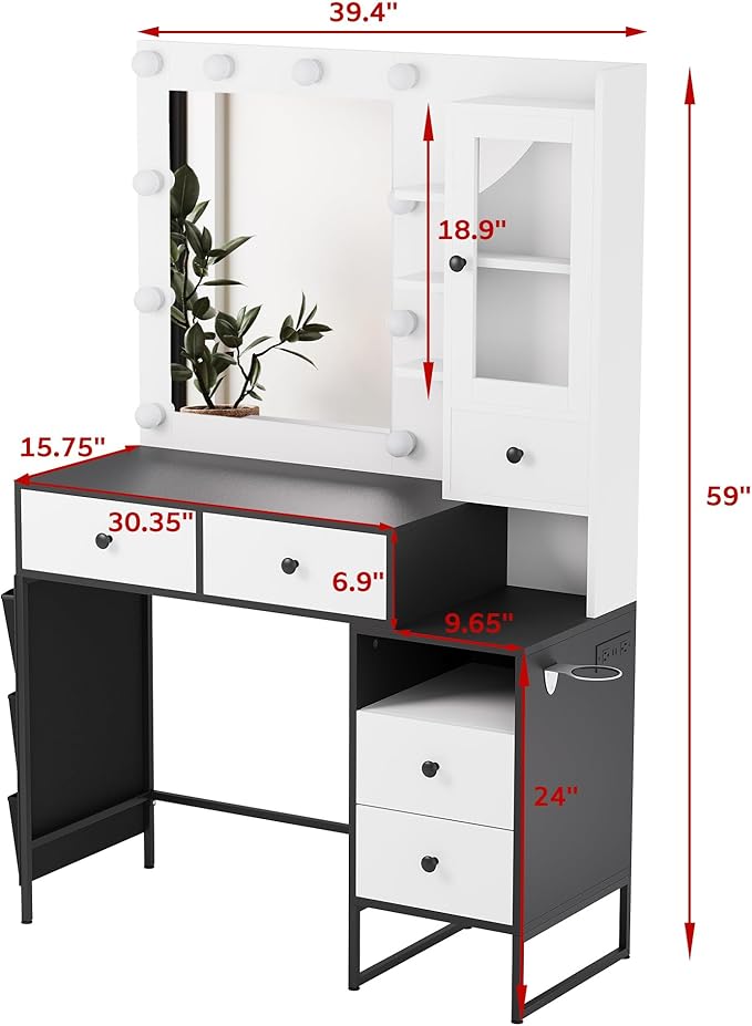 39" W Vanity Desk with Mirror, Makeup Vanity Set with Power Outlet and Comfortable Bench, Big Dressing Table with Lights Mirror and Drawers for Makeup, Modern Vanity for Bedroom Black