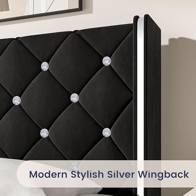 Twin Bed Frames, Upholstered Platform Bed Twin Size with Diamond Tufted Headboard, Modern Velvet Bed Frame with Wingback Design, No Box Spring Needed, Easy Assembly, Black