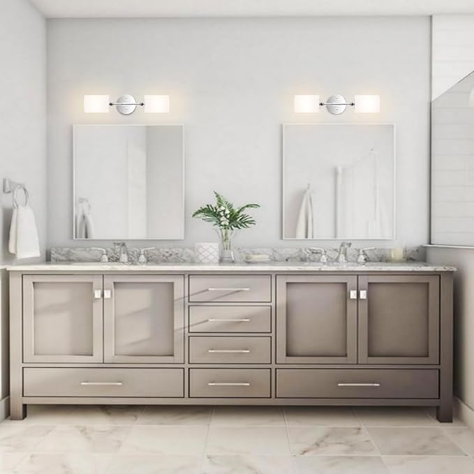 2-Lights Modern Wall Sconce White Cylinder Glass Shades Mid Century Bathroom Vanity Wall Light Fixtures Industrial Wall Lamp for Bedroom Mirror Living Room Restaurant(Chrome Color)