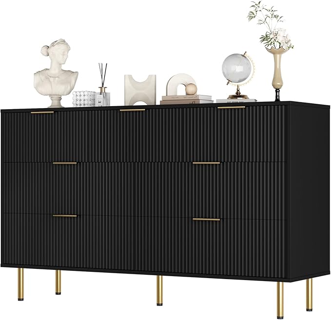 7 Drawers Dresser for Bedroom, Fluted Dresser Chest of Drawers with Gold Handle, Wood Modern Dressers for Closet, Bedroom Furniture Storage Organizer for Living Room, Hallway