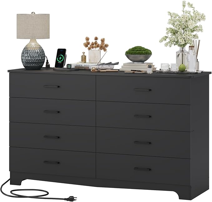 Hasuit 8 Drawer Dresser for Bedroom, Large Chest of Drawers with Charging Station, 55.1'' Wide Storage Clothes Closet Organizer, Long Dresser TV Stand for Living Room, Black