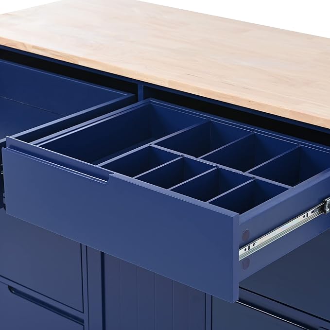 53 Inch Width/18.5 Inch Depth Kitchen Cart with Rubberwood Countertop on 5 Wheels, Rolling Kithcen Island with Storage Cabinet & 8 Handle-Free Drawers & Adjustable Shelf for Kitchen, Dark Blue