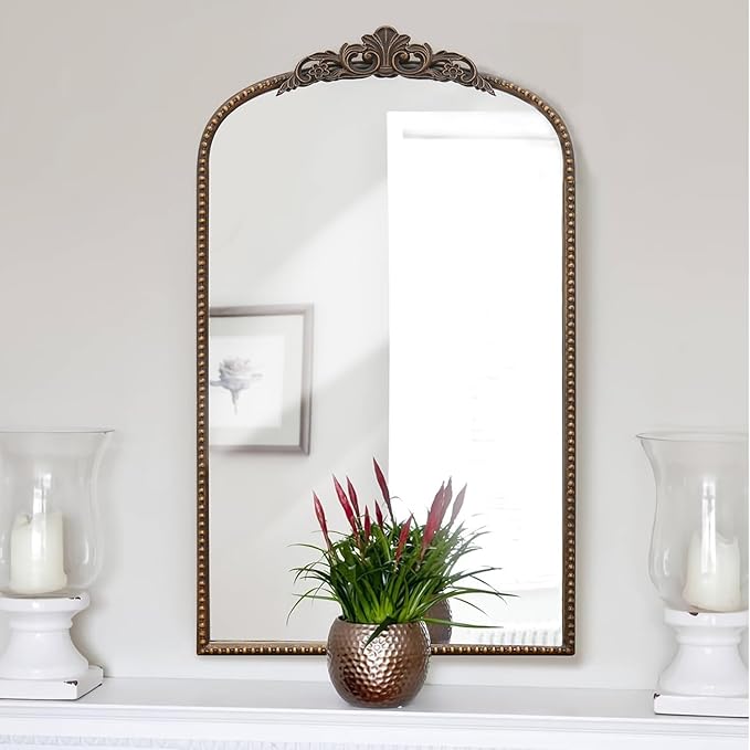 Micasso Traditional Arch Mirror, 31"x 19" Bronze Decorative Mirror with Metal Frame, Wall Mounted Mirror for Bathroom Bedroom Living Room Entryway, Home Wall Decor