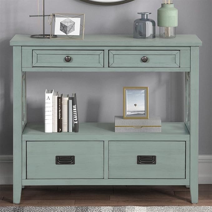 36 Inch Country Farmhouse Console Table with 4 Drawers and 1 Storage Shelf Pine Wood Suitable for Entryway Entrance Living Room Bedroom Hallway Kitchen (Retro Blue)
