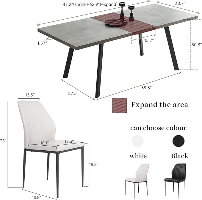 47.2"- 62.9" Extendable Dining Table Set for 4, Modern Kitchen Table with 4 PU Leather Chairs, Thickened Expandable MDF Wooden Table with Metal Legs for Dining Room, Kitchen, Living Room