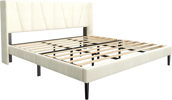 King Bed Frame with Headboard and Wingback, Velvet Upholstered Platform Bed, Mattress Foundation with Wooden Slat Support, No Box Spring Needed, Easy Assembly, Noise Free, Beige