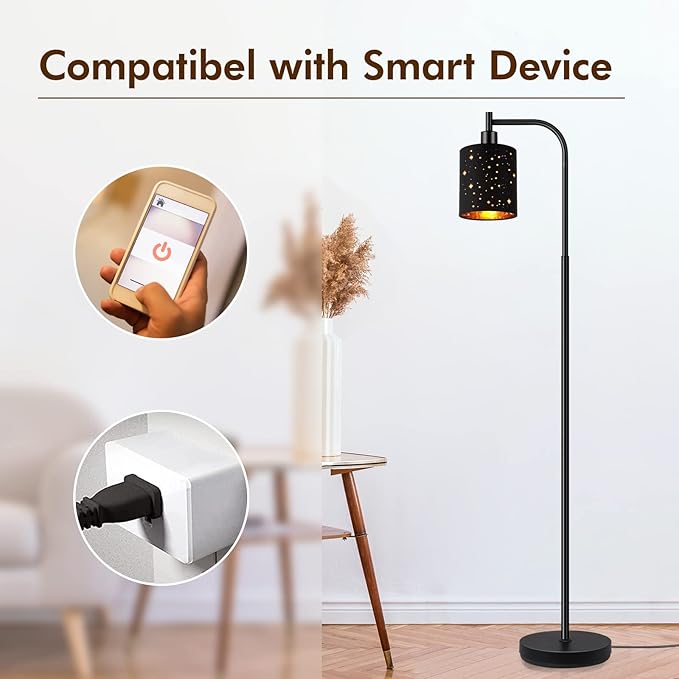 Gothic Industrial Floor Lamp with Starry Laser Cut Shade, 67" Black Metal Standing Lamp with 6W LED Bulb,Foot Switch, Perfect Halloween Spooky Home Decor,Tall Floor Lamp for Bedroom, Living Room,Black