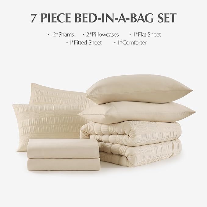 CASAAGUSTO Queen Comforter Set, 7 Pieces Beige Seersucker Bed in a Bag Queen Size Soft All Seasons, Bedding Sets with Comforter, Flat Sheet, Fitted Sheet, 2 Pillow Shams, 2 Pillowcases