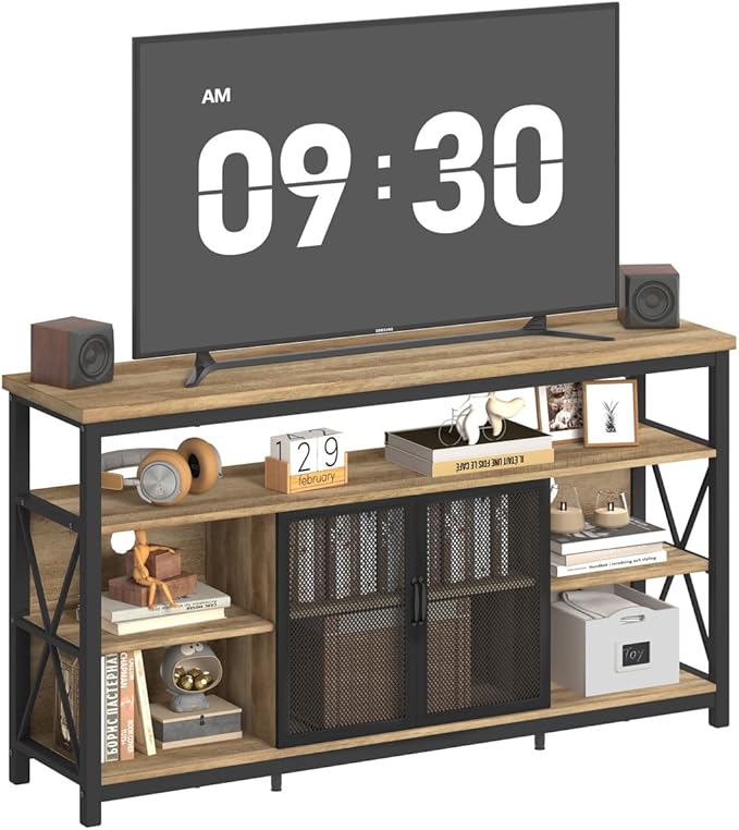 BON AUGURE Tall TV Stand for 65 55 Inch TVs, Industrial Entertainment Center with Storage Cabinet, Wood Farmhouse TV Media Console for Living Room and Bedroom (32 Inch High, Vintage Oak)