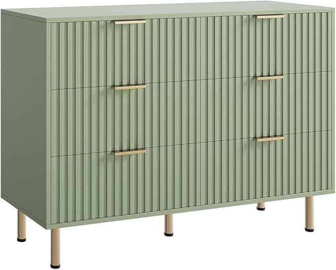 Green 6 Drawer Dresser for Bedroom, Fluted 47.2" Wide Modern Chest of Drawers with Deep Drawers, Long Large Double Dresser TV Stand for Living Room, Hallway, Kids Room