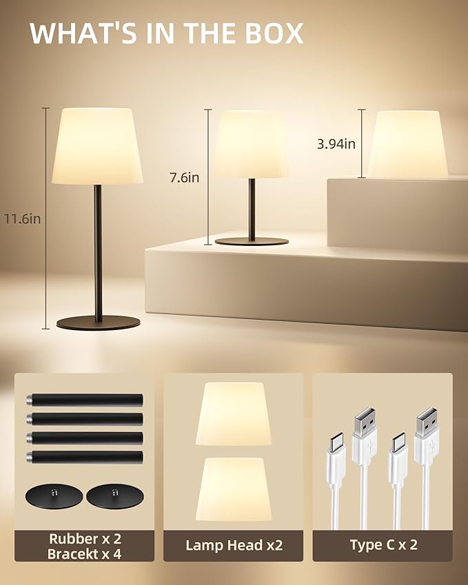 EZVALO Outdoor Cordless Table Lamp, IP65 Waterproof 4500mAh Rechargeble Shower Lamp, Dimmable Touch Lamp, LED Night Light Lamp for Bathroom Patio Camping Restaurant Home 2 Pack(Black)