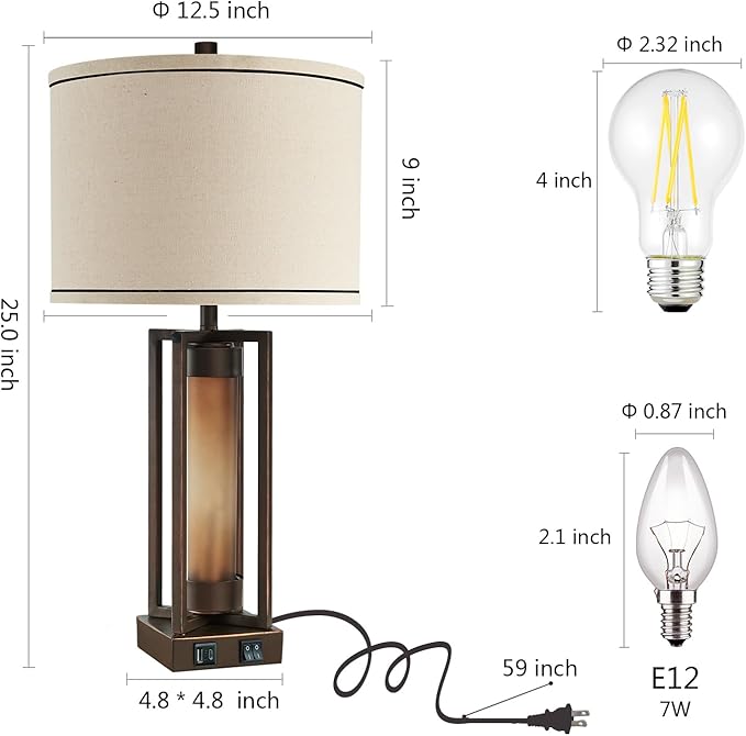 RORIANO Rustic Table Lamps for Living Room with USB C+A Ports, Farmhouse Vintage Nightstand Lamp with Amber Acrylic Night Light, Retro Desk Lamp for Bedroom Entryway Dorm, 2 Bulbs Included (Brown)