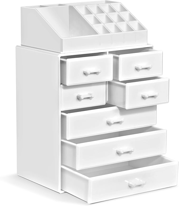 Sorbus Makeup Organizer, Brush Holder and Make Up Storage Drawers - Acrylic Makeup organizer for vanity, Bathroom - Cosmetic Display Cases with 3 large, 4 Small Drawers & 1 Tray for Makeup Brush