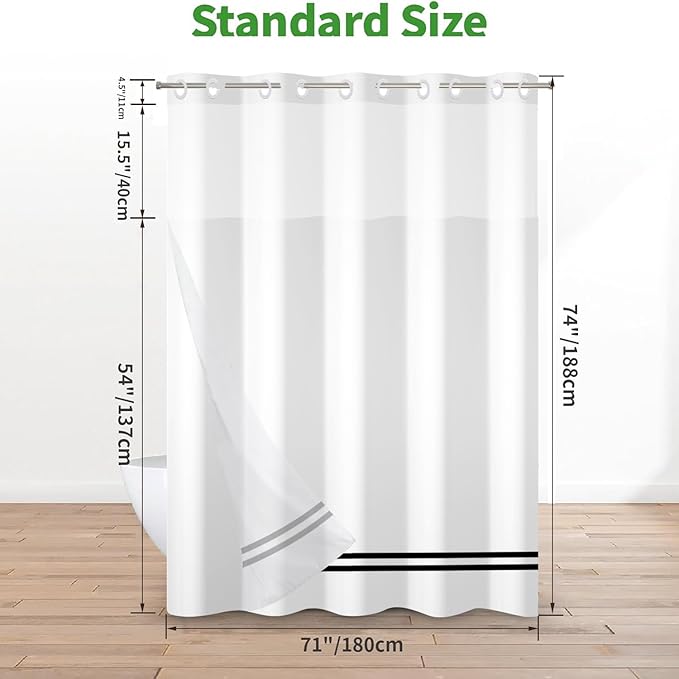 No Hook Shower Curtain with Snap in Liner, White and Black Striped Heavy Duty See Through Window Waterproof Machine Washable Bathroom Curtain 71" W x 74" L (Pack of 1)