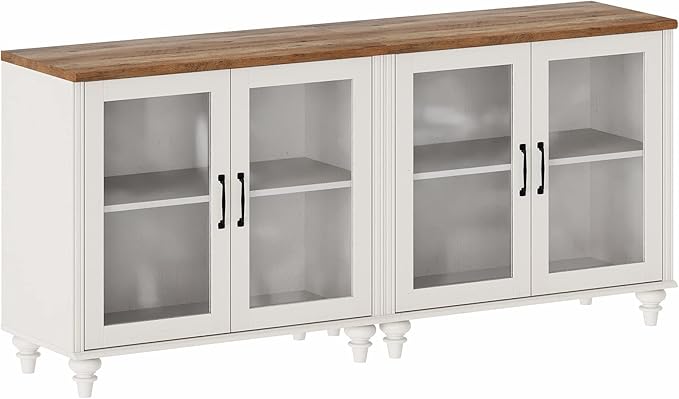 WAMPAT Farmhouse TV Stand for 75 inch TV with 4 Glass Doors, Wood Universal TV Stand with 4 Storage Cabinets, White Entertainment Center TV Console Table for Living Room, Bedroom