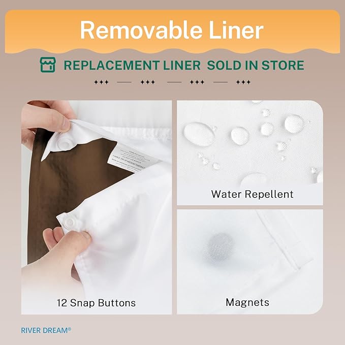 River Dream No Hooks Required Dotted Brown Shower Curtain with Snap in Liner - 71" W x 74" H,Hotel Grade,Spa Like Bath Curtain