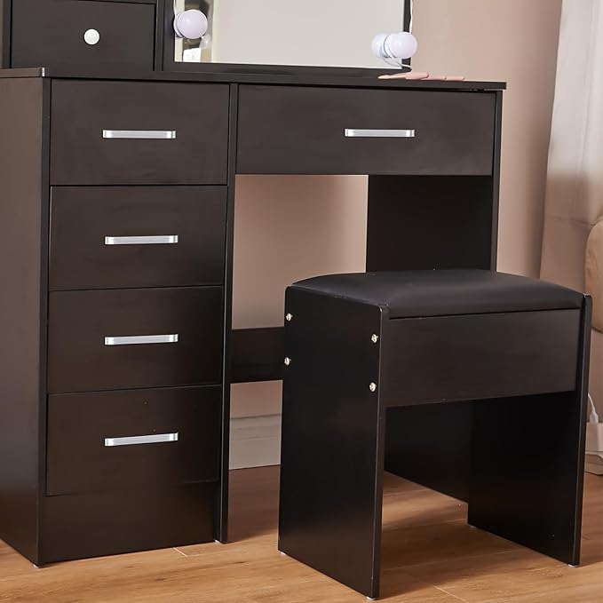 JBLCC Vanity Desk with Mirror and Lights, Black Makeup Vanity with 3-Color Lighted Sliding Mirror, 4 Drawers & Open Shelves, Small Vanity Table for Bedroom, Girls & Women