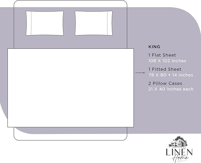 Linen Home 100% Cotton Percale Sheets King Size, Prelude Purple, Deep Pocket, 4 Pieces Set - 1 Flat, 1 Deep Pocket Fitted Sheet and 2 Pillowcases, Crisp Cool and Strong Bed Linen