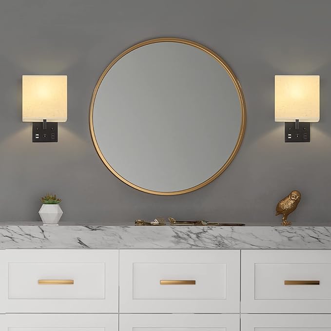Black Wall Sconces Set of Two, Bedside Wall Lights for Bedroom, Plug in Wall Sconce with USB Ports and Outlets, Modern Wall Lamp for Mirror Kitchen Living Room Hallway, E26 Base (LED Bulbs Included)