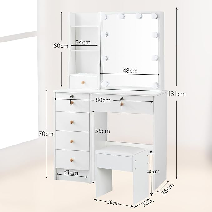 JBLCC Vanity Desk with Mirror and Lights, White Vanity with Lights, 3-Color Light Sliding Mirror, 6 Drawers & Open Shelves, Small Vanity Desk with Lighted Mirror for Bedroom