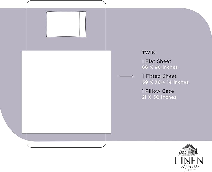 Linen Home 100% Cotton Percale Sheets Twin Size, Prelude Purple, Deep Pocket, 3 Pieces Set - 1 Flat, 1 Deep Pocket Fitted Sheet and 1 Pillowcase, Crisp Cool and Strong Bed Linen