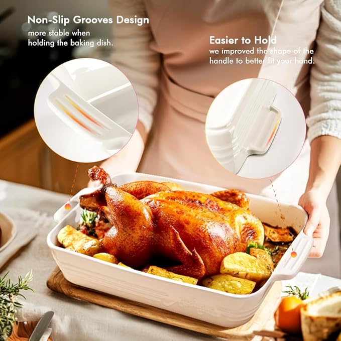 Ceramic Baking Dish Set, 3-Piece Casserole Dishes for Oven, Rectangular Baking Pans, Deep Lasagna Pans with Handles, Multi-Size Set for Cooking, Baking, Serving, and Gifting, White (16.1''/12.2''/9'')