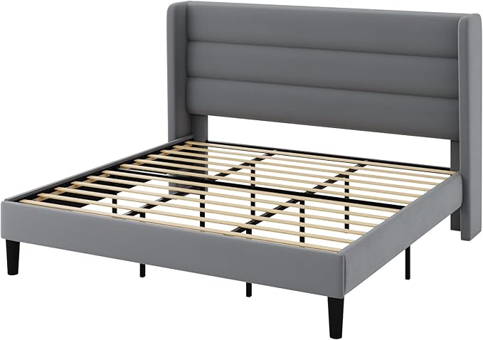 Allewie King Size Platform Bed Frame with Velvet Upholstered Wingback Headboard, No Box Spring Needed, Under Bed Storage Space, Strong Wooden Slats, Modern Mattress Foundation, Easy Assembly, Grey