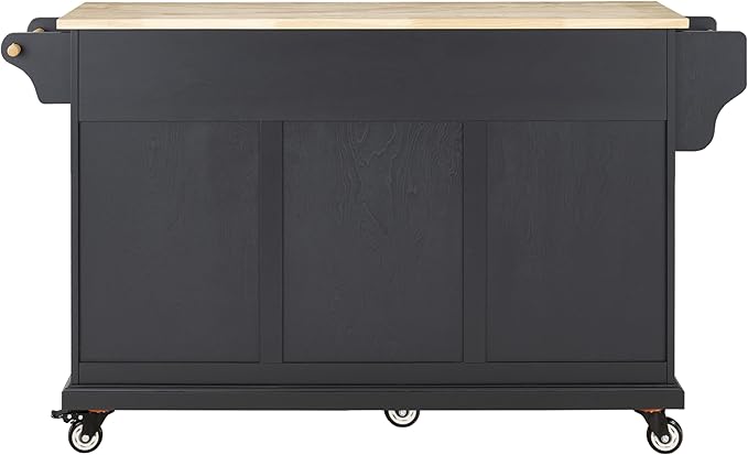 Rolling Solid Wood Kitchen Island with Rubberwood Top, 3 Drawers, 2 Cabinets, Adjustable Shelves, Spice Rack & Locking Wheels – Painted Finish, Black