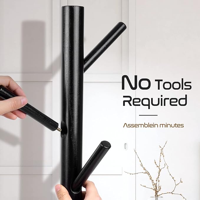Solid Wooden Coat Rack Freestanding, New Zealand Pine Coat Tree with 8 Hooks & 3 Adjustable Sizes for Coats, Hats, Handbags and Scarves, Space Saving for Entryway/Office/Bedroom (Black)