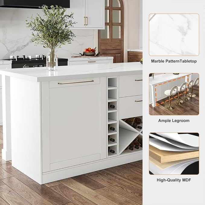 homary 72'' Kitchen Island with Seating Island Table with Wine Storage & 2 Drawers Marble Dining Table for 4 People