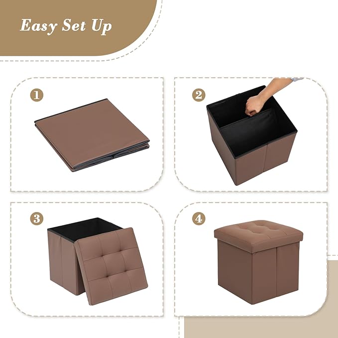 Athena Collection Leather Square Ottoman with Storage, 15 Inch Small Storage Ottoman, Multipurpose Footstool Foot Rest for Living Room, Bedroom, Dorm, Brown