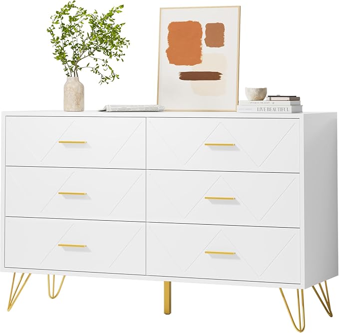 White Dresser for Bedroom, 6 Drawer Dresser with Golden Handles, Wood Modern Double Chest for Hallway, Entryway